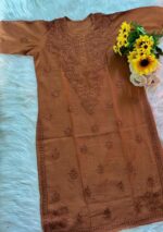 Sahiba Chanderi Chikankari 3PC Long Kurti Set with Dupatta- Dark Shades - Image 2