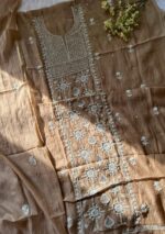 Exclusive Mal Chanderi Silk Chikankari Unstitched Fabric - Caramel Brown