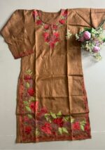 Women's Kashmiri Aari Embroidered Cotton Knee-Length Kurti-Brown - Image 3