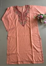Women's Kashmiri Aari Embroidered Cotton Long Kurti-Peach - Image 3