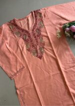 Women's Kashmiri Aari Embroidered Cotton Long Kurti-Peach - Image 2