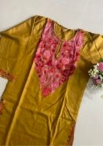 Women's Kashmiri Aari Embroidered Cotton Long Kurti-Olive Green - Image 2