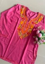 Women's Kashmiri Aari Embroidered Cotton Short Kurti- Candy Pink - Image 2