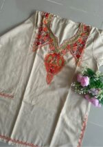 Women's Kashmiri Aari Embroidered Cotton Short Kurti- Cream - Image 2