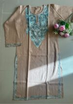 Women's Kashmiri Aari Embroidered Cotton Mid Length Kurti- Beige - Image 3