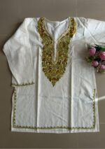 Women's Kashmiri Aari Embroidered Cotton Short Kurti- Off White - Image 3