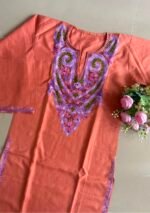 Women's Kashmiri Aari Embroidered Cotton Mid Length Kurti-Orange - Image 2