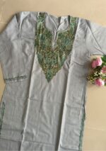 Women's Kashmiri Aari Embroidered Cotton Long Kurti-Grey - Image 2
