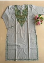 Women's Kashmiri Aari Embroidered Cotton Long Kurti-Grey - Image 3