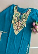 Women's Kashmiri Aari Embroidered Cotton Mid Length Kurti- Peacock Blue - Image 2