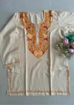 Women's Kashmiri Aari Embroidered Cotton Short Kurti- Cream - Image 3