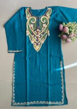 Women's Kashmiri Aari Embroidered Cotton Mid Length Kurti- Peacock Blue - Image 3