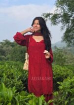 Farshi Shalwar Bell-Sleeve Rayon Chikankari 3pc Suit- Maroon - Image 2