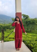 Farshi Shalwar Bell-Sleeve Rayon Chikankari 3pc Suit- Maroon - Image 3