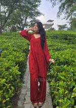 Farshi Shalwar Bell-Sleeve Rayon Chikankari 3pc Suit- Maroon