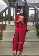 Farshi Shalwar Bell-Sleeve Rayon Chikankari 3pc Suit- Maroon - Image 6
