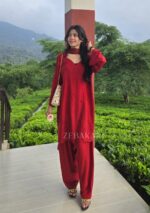 Farshi Shalwar Bell-Sleeve Rayon Chikankari 3pc Suit- Maroon - Image 8