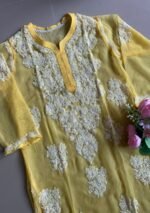 Sheer Georgette Gala-buti Chikankari Long Kurta- Yellow - Image 3