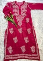 Sheer Georgette Gala-buti Chikankari Long Kurta- Hot Pink - Image 2