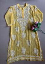 Sheer Georgette Gala-buti Chikankari Long Kurta- Yellow - Image 4