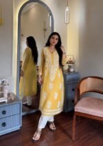 Sheer Georgette Gala-buti Chikankari Long Kurta- Yellow