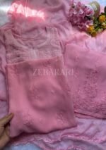 Dia Viscose Resham Jaal Chikankari and Mukesh Work 3pc Set- Ombre Baby Pink - Image 3