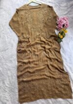 Alizah Viscose Chikankari Mukesh Work Long Kurti- Nude Brown - Image 2