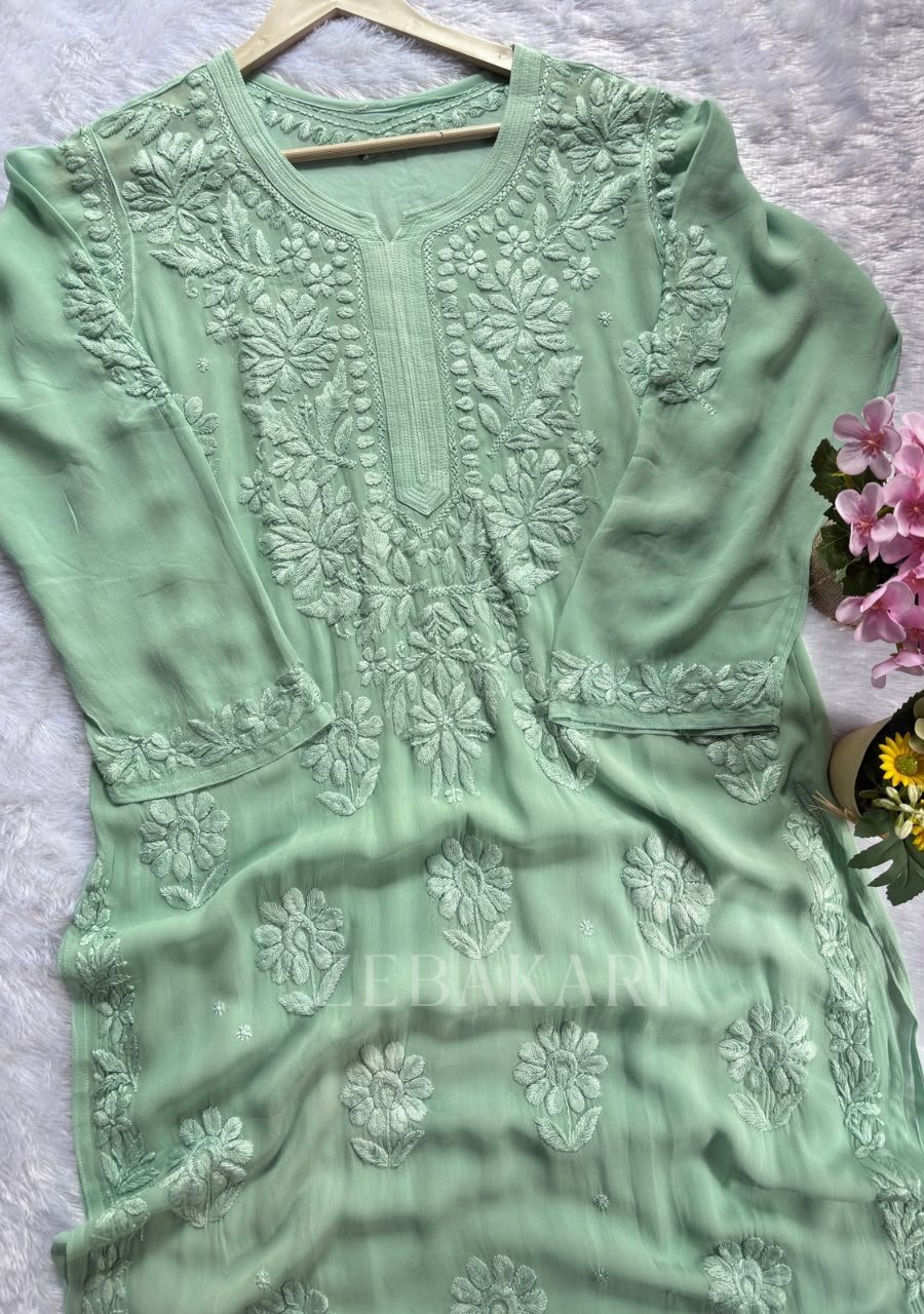 IMG-20260919-WA0013 Alizah Viscose Chikankari Mukesh Work Long Kurti- Pastel Teal - Image 1