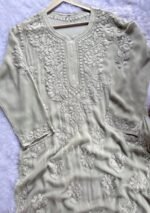 Alizah Viscose Chikankari Mukesh Work Long Kurti- Pastel Grey