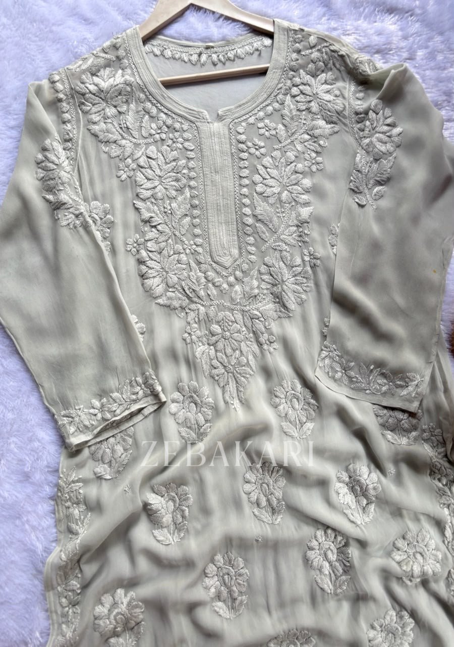 IMG-20260919-WA0016 Alizah Viscose Chikankari Mukesh Work Long Kurti- Pastel Grey - Image 1
