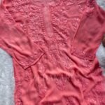 Alizah Viscose Chikankari Mukesh Work Long Kurti- Salmon Pink