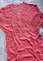 Alizah Viscose Chikankari Mukesh Work Long Kurti- Salmon Pink