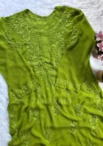 Alizah Viscose Chikankari Mukesh Work Long Kurti- Apple Green