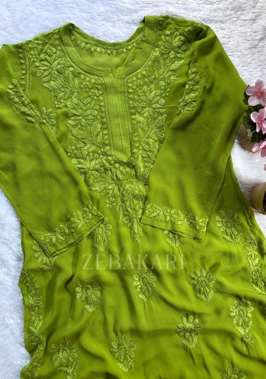 IMG-20260919-WA0018 Alizah Viscose Chikankari Mukesh Work Long Kurti- Apple Green - Image 1