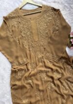 Alizah Viscose Chikankari Mukesh Work Long Kurti- Nude Brown