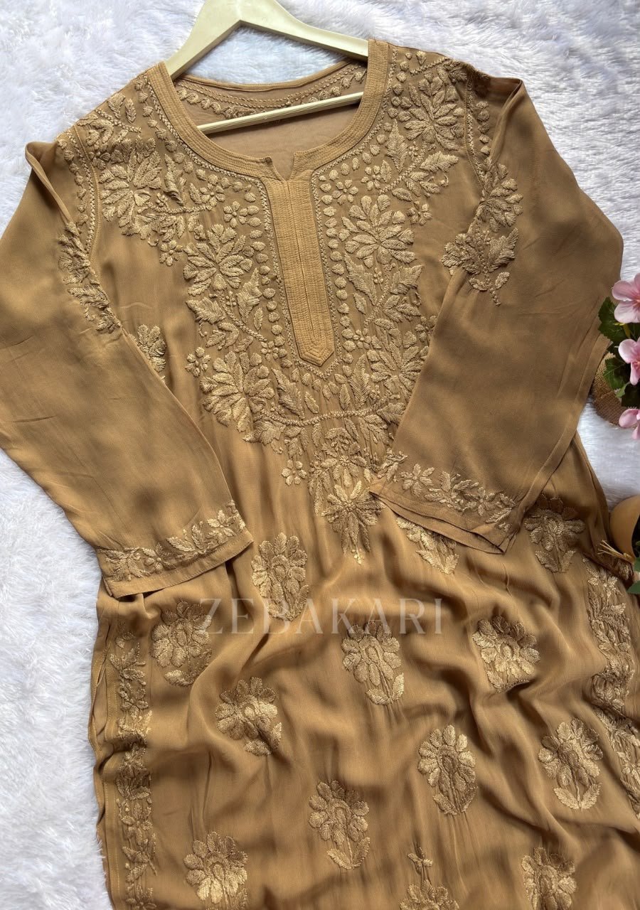 IMG-20260919-WA0023 Alizah Viscose Chikankari Mukesh Work Long Kurti- Nude Brown - Image 1