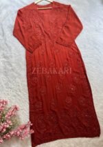 Alizah Viscose Chikankari Mukesh Work Long Kurti- Ombre Rust Brown - Image 2