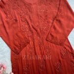 Alizah Viscose Chikankari Mukesh Work Long Kurti- Ombre Rust Brown
