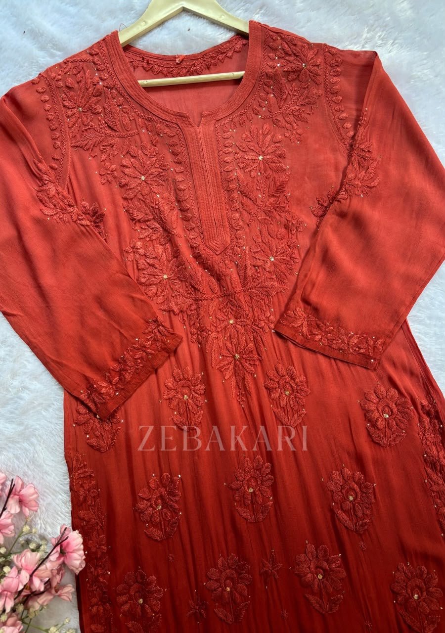 IMG-20260919-WA0030 Alizah Viscose Chikankari Mukesh Work Long Kurti- Ombre Rust Brown - Image 1