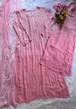 Dia Viscose Resham Jaal Chikankari and Mukesh Work 3pc Set- Ombre Baby Pink - Image 9