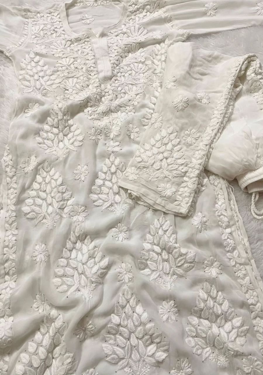 3_20261025_115042_0002 Nikhat Viscose Chikankari and Mukesh Work 3pc Set- White - Image 1