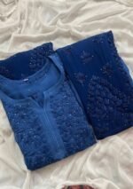 Nikhat Viscose Chikankari and Mukesh Work 3pc Set- Ombre Blue - Image 2